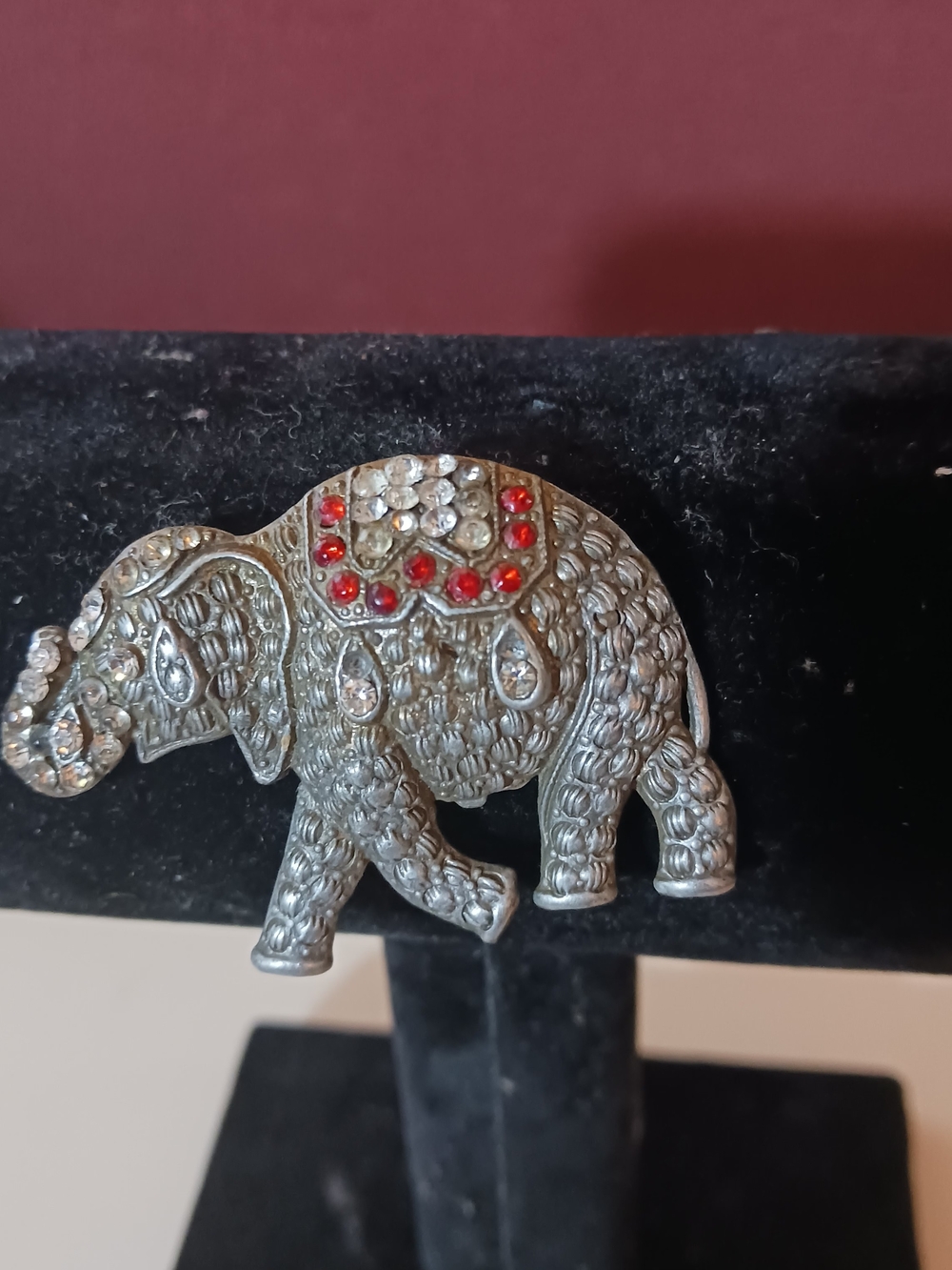 Silver Elephant Decorative Accent Pin with Red and Clear Rhinestones